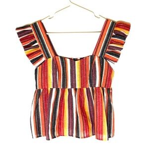 2/$15 SHEIN - Multicolor Striped Ruffle Sleeve Peplum Blouse Size S